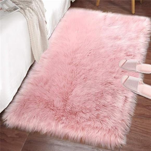 Soft Fluffy Pink Faux Fur Rugs for Bedroom Bedside Rug 2x3 Feet, Washable, Furry - Picture 7 of 7